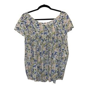 LC Lauren Conrad Blue and White Pleated Short Sleeve Blouse